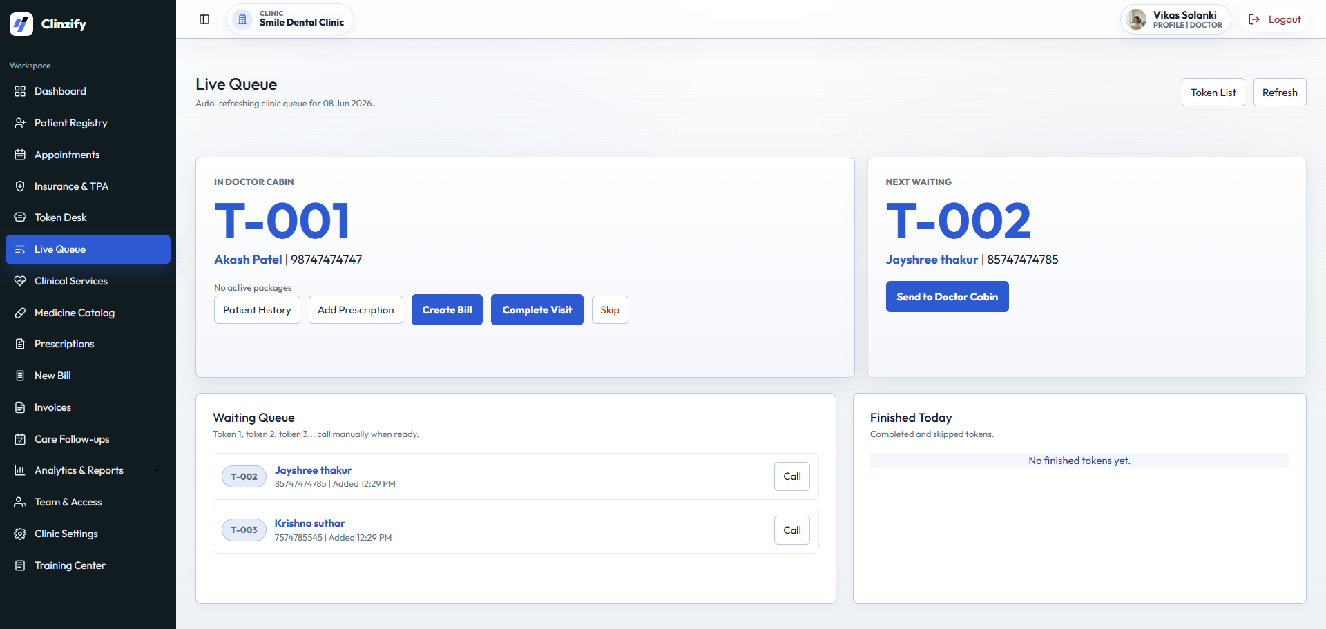Clinzify live queue with doctor cabin token, next waiting token, waiting queue, and completed visits