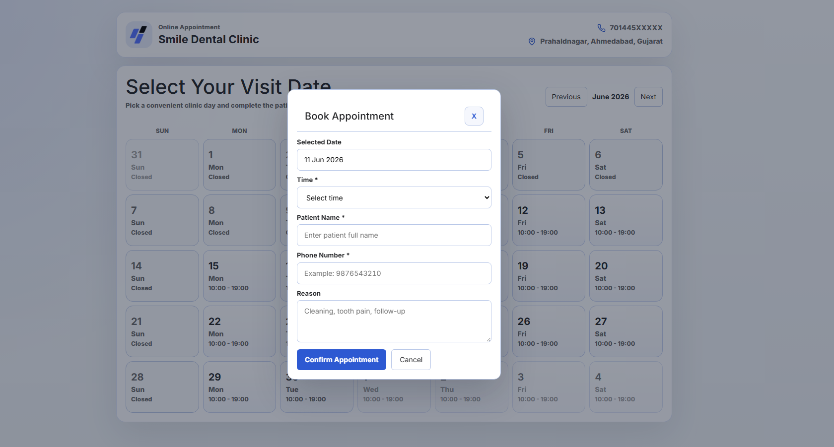 Clinzify branded online appointment booking page on a clinic domain