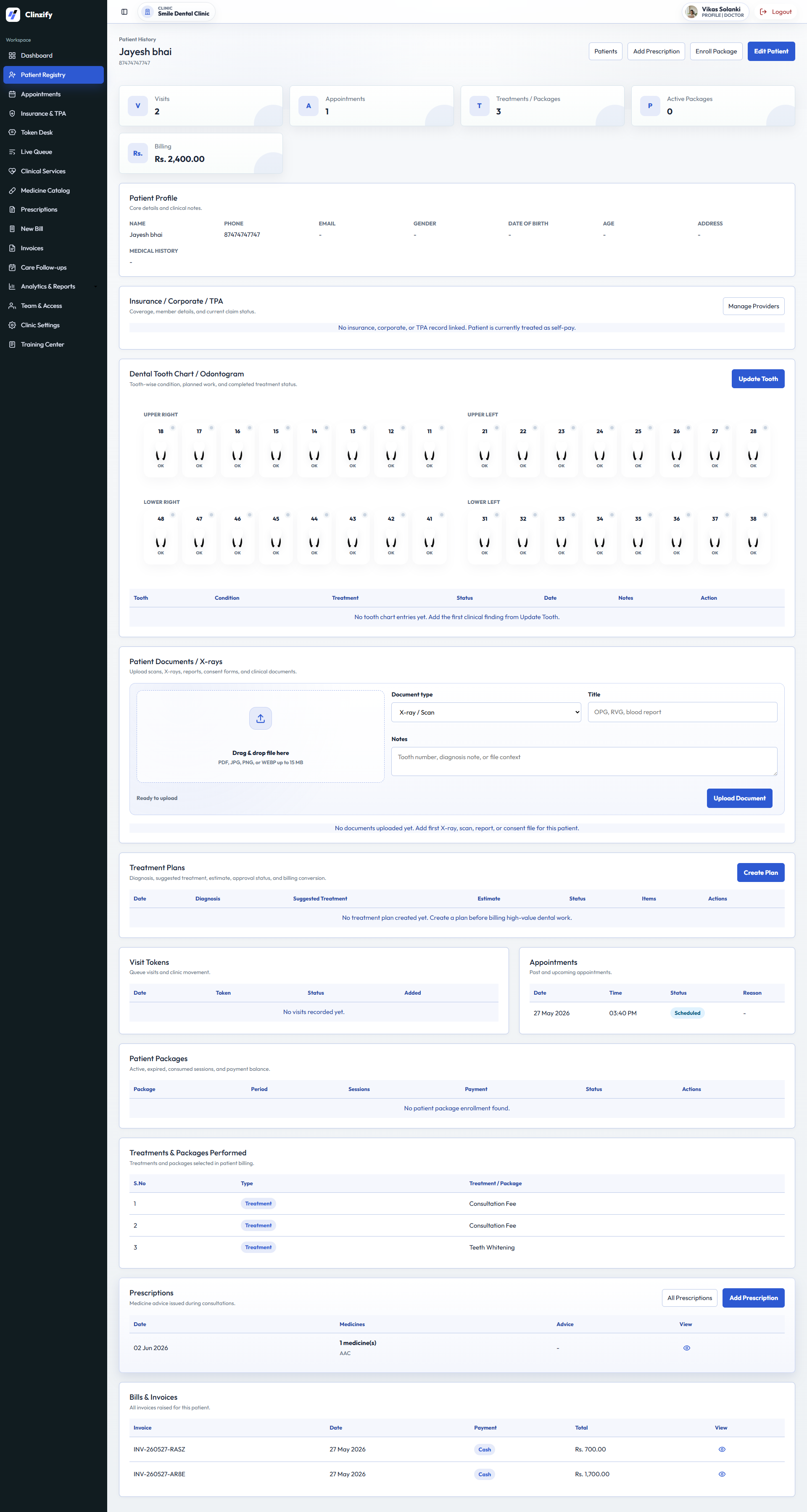 Clinzify patient history with clinical charting, documents, plans, prescriptions, and bills