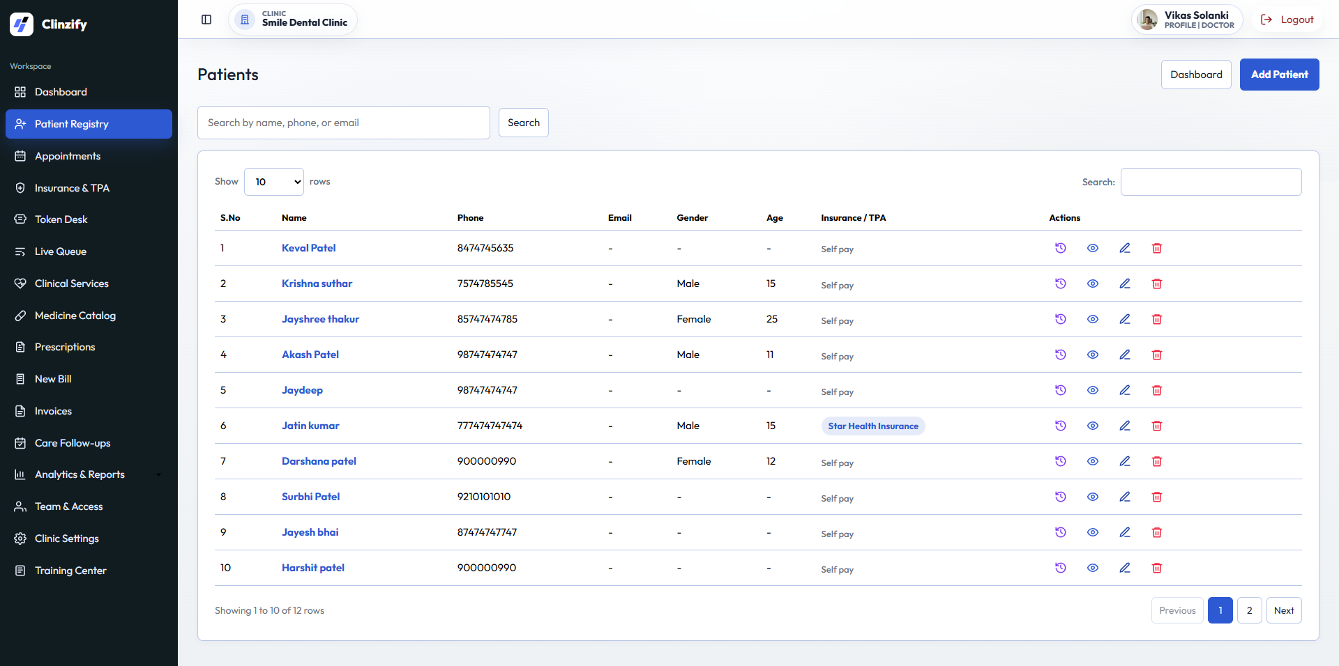 Clinzify patient registry table